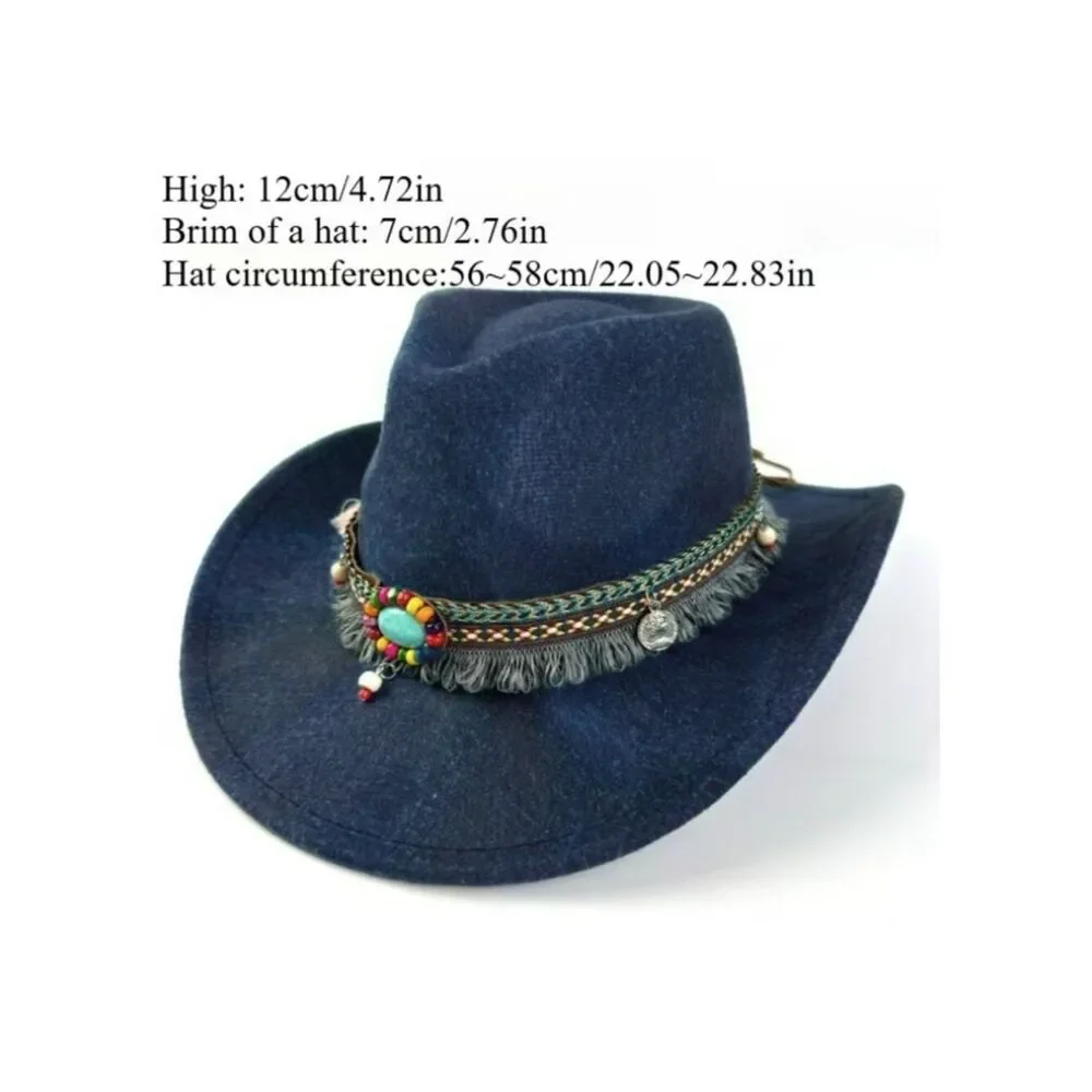 NWT Boho Blue Marbled Denim Look Western Cowboy Hat Beaded Turquoise Tassel Trim
